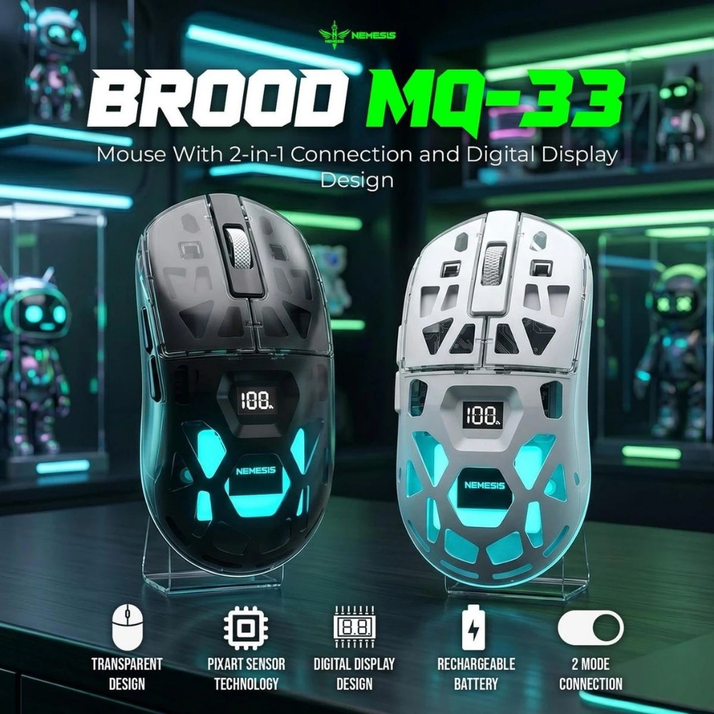 NEMESIS Mouse Wireless Gaming BROOD MQ-33 Transparent with Digital Display - Mouse Gaming NYK NEMESI