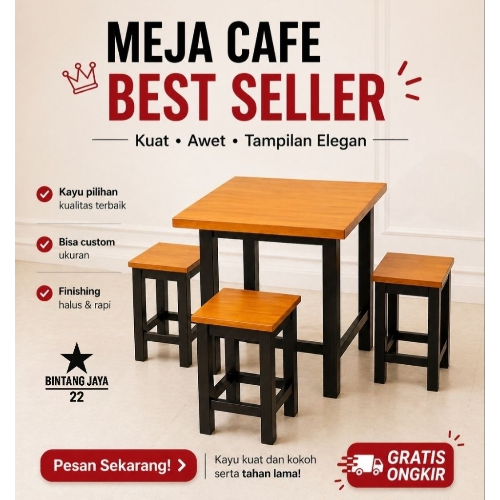 READY STOK Meja Cafe Minimalis 1 Set Meja Makan 4 Kursi Kayu Mahoni Minimalis