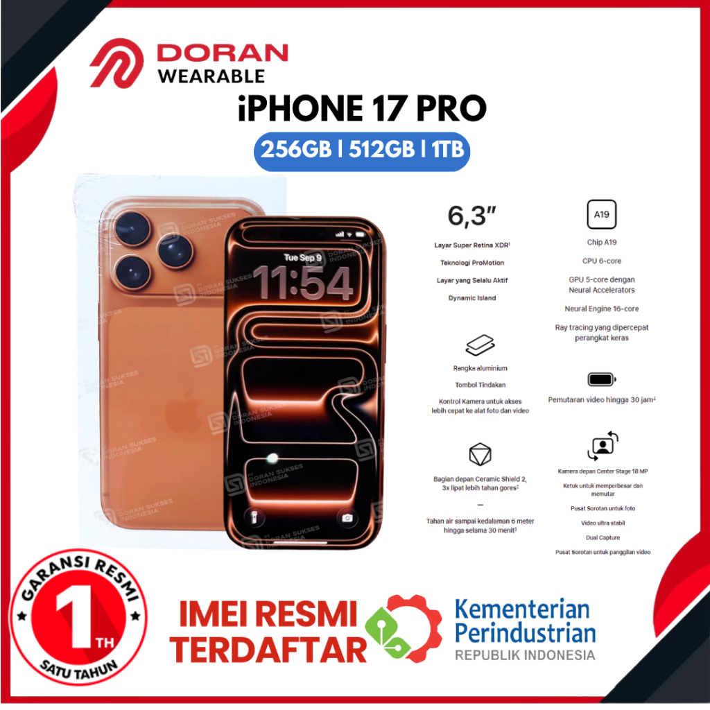 Apple iPhone 17 Pro 256GB 512GB 1TB A19 Pro 6.3" OLED 120Hz with Ceramic Shield Garansi Resmi
