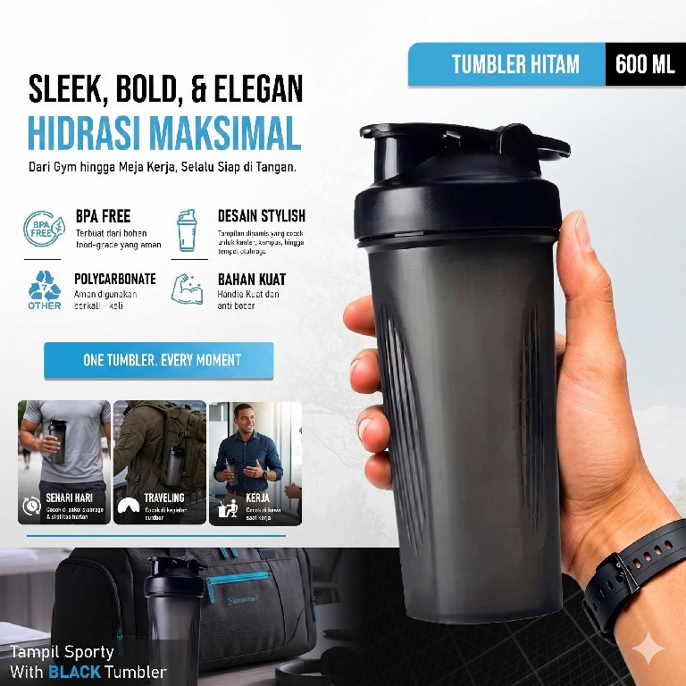 TUMBLR HITAM POLOS Original 600 ML Bebas BPA Fitness Gym | Botol Minum / Shaker
