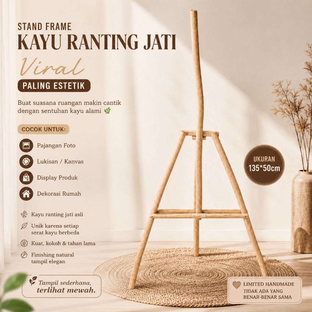 stand foto, easel Kayu Jati, Tripod, Lukisan, Kanvas, Minimalis, ranting kayu jati bulat