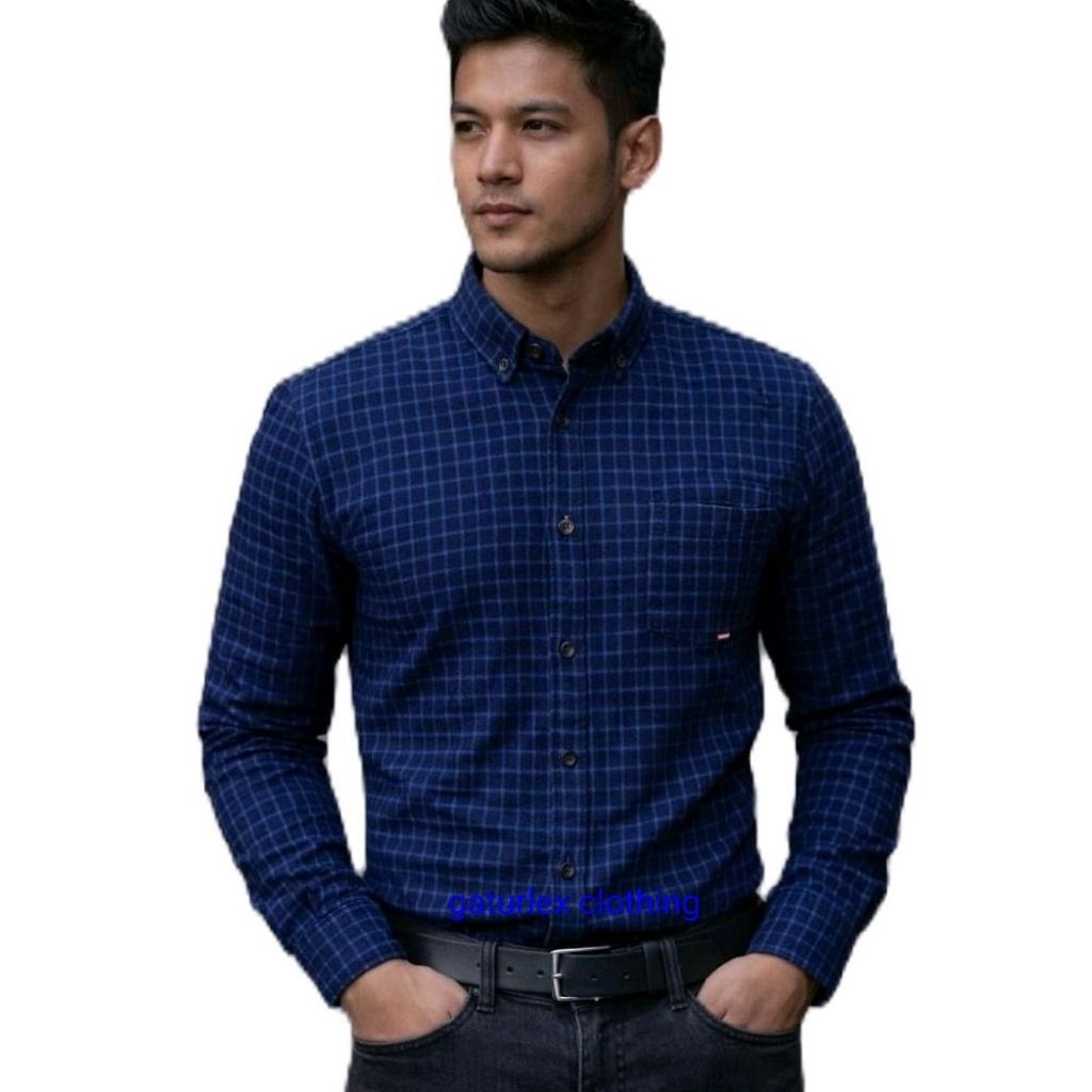KEMEJA FLANEL PRIA LENGAN PANJANG DISTRO KEMEJA FLANEL COWOK KOTAK KECIL HITAM GARIS BIRU