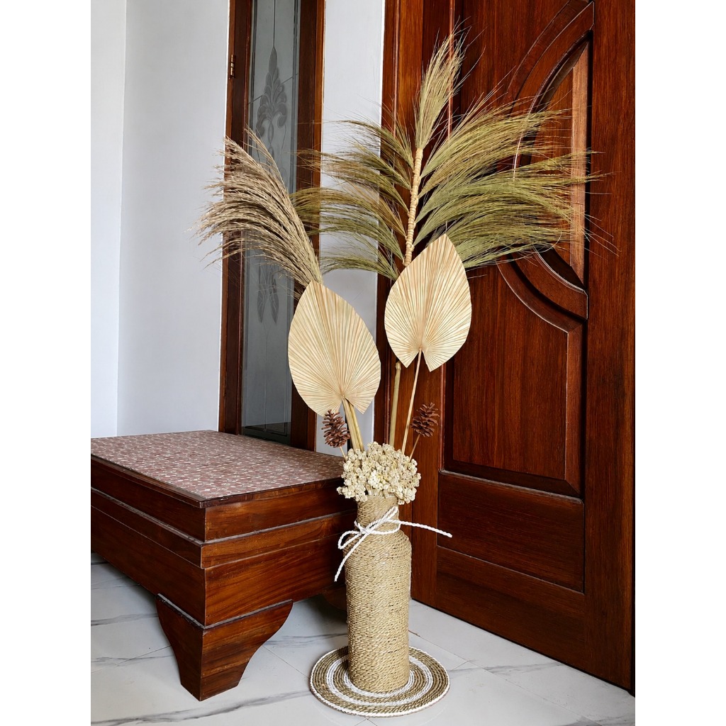 Paket Lengkap Hemat Bunga dan Vas/Pot Mendong / Dekorasi Rustic/ Daun Palem Kering