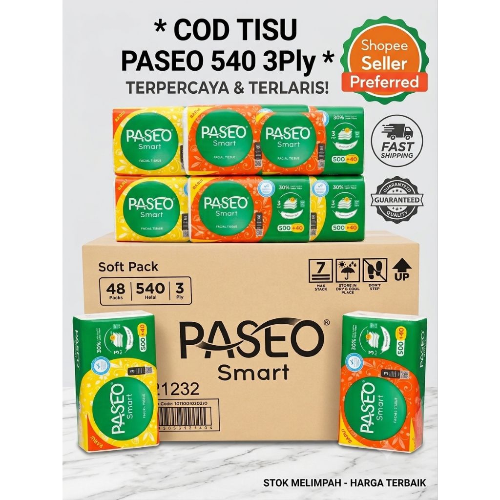 TISSUE PASEO 1 karton (satu dus) isi 48 pcs ( 500+40) 3 ply free sabun cuci piring