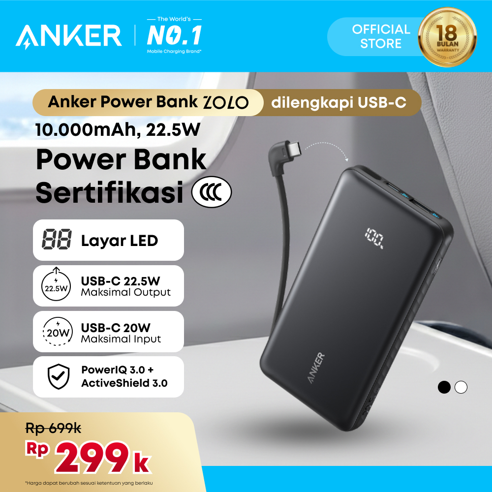 Anker Portable Power Bank 10,000mAh 20,000mAh 3 ports with Built-in Type-C Cable Type-A 22.5W 20W 30