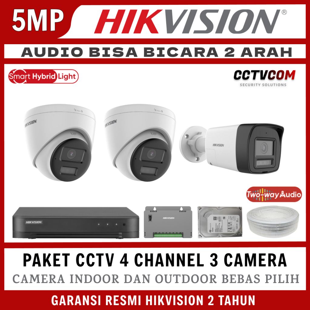 PAKET CCTV HIKVISION 5MP 4 CHANNEL 3 CAMERA TURBO HD KAMERA CCTV TURBO HD