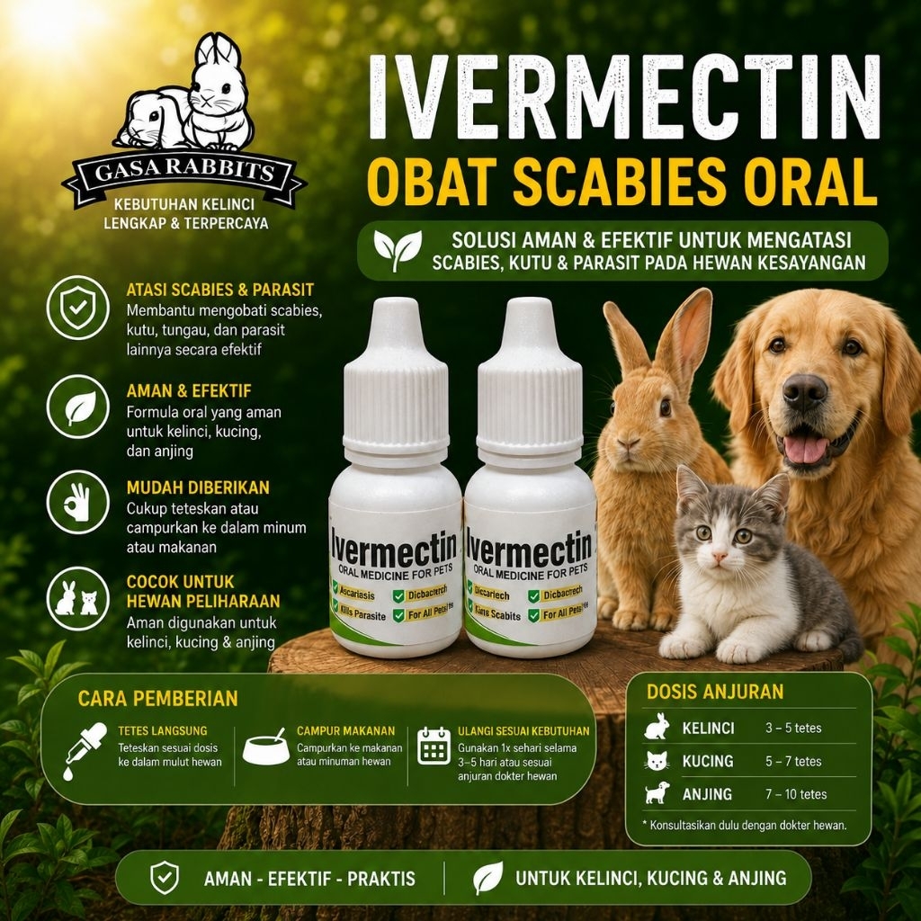 Obat Scabies Oral Ivermectin 10 ml - Mengatasi Parasit Cacing, Caplak, Kutu, Tungau untuk Kelinci, K