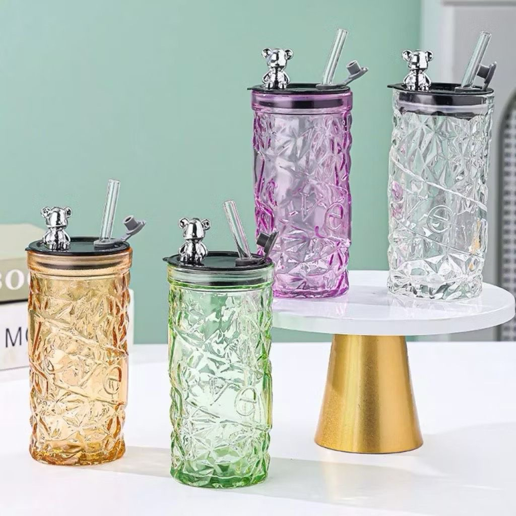 Gelas kaca beruang tinggi free sedotan+kotak asli tumbler wanita