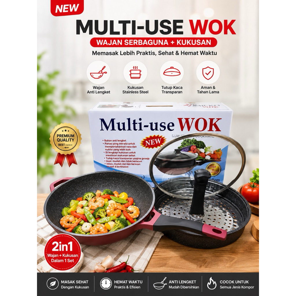 wajan wok pan + kukusan omicko 32cm anti lengket tutup kaca tebal wajan penggorengan wok pan keramik