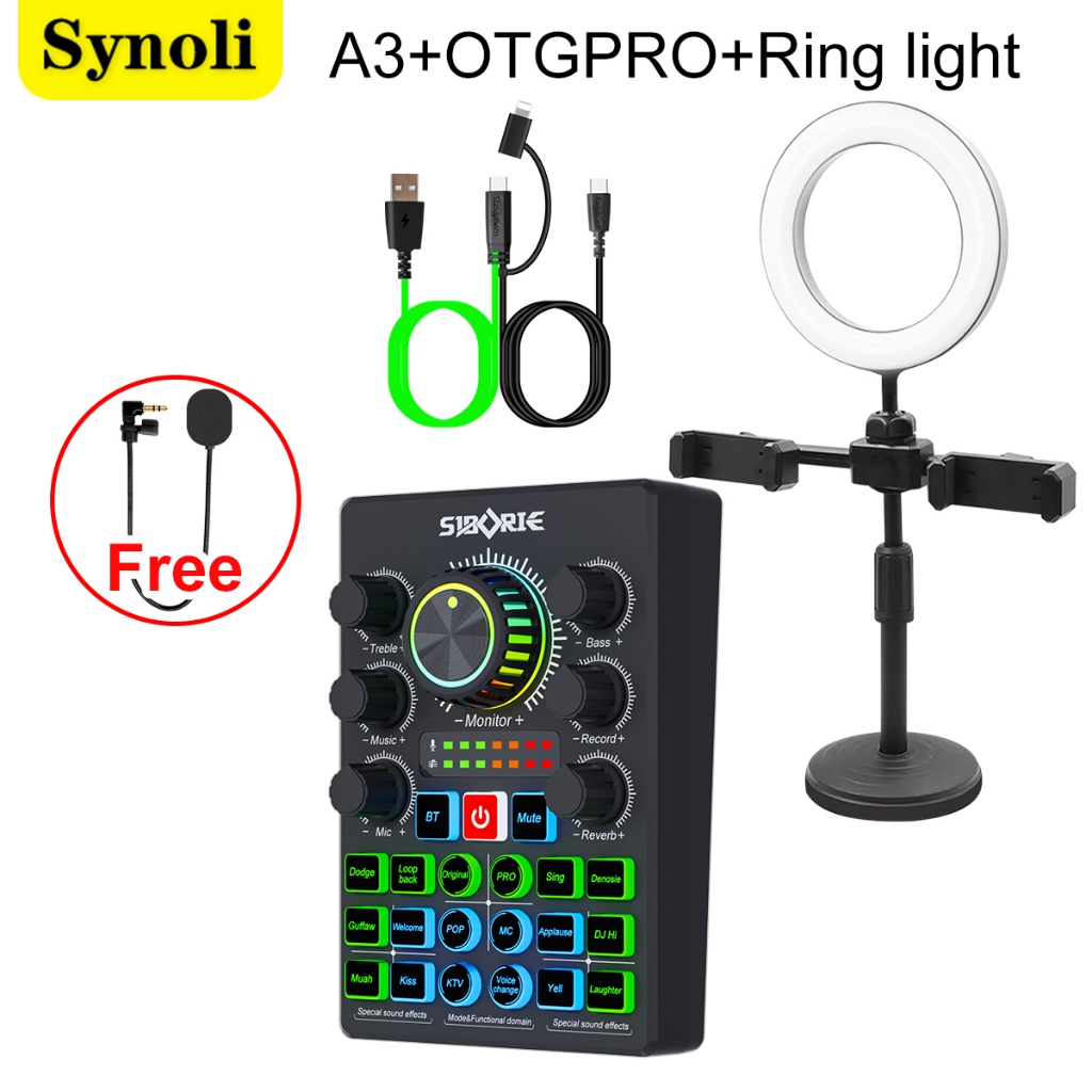 Synoli SIAP COD Sound Card A3 Paket OTGPRO2IN1 Ring Light FREE MIC MINI Peralatan Live Streaming dan