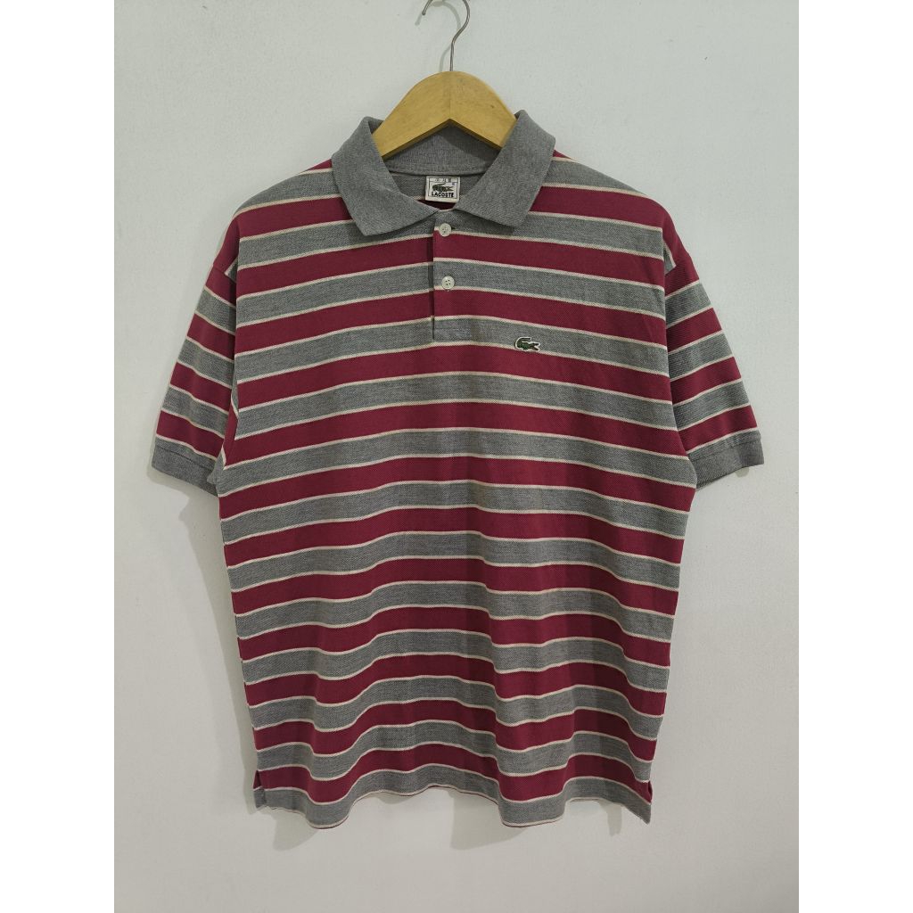 Polo Shirt Lacoste Vintage Red Grey Stripes size L
