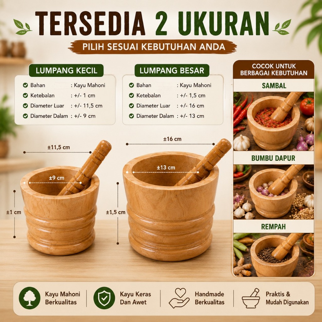 LUMPANG KAYU MAHONI 1 SET 3 UKURAN MODEL UKIR + ALU | ALAT GEPREK AYAM KREMES