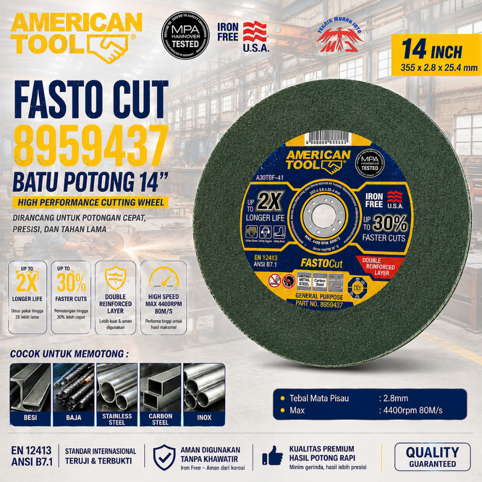 AMERICAN TOOL FASTOCUT 14" A30TBF - 41 Batu Gerinda Potong 14 INCH Hijau x 2.8 mm Cut Off Wheel 8959