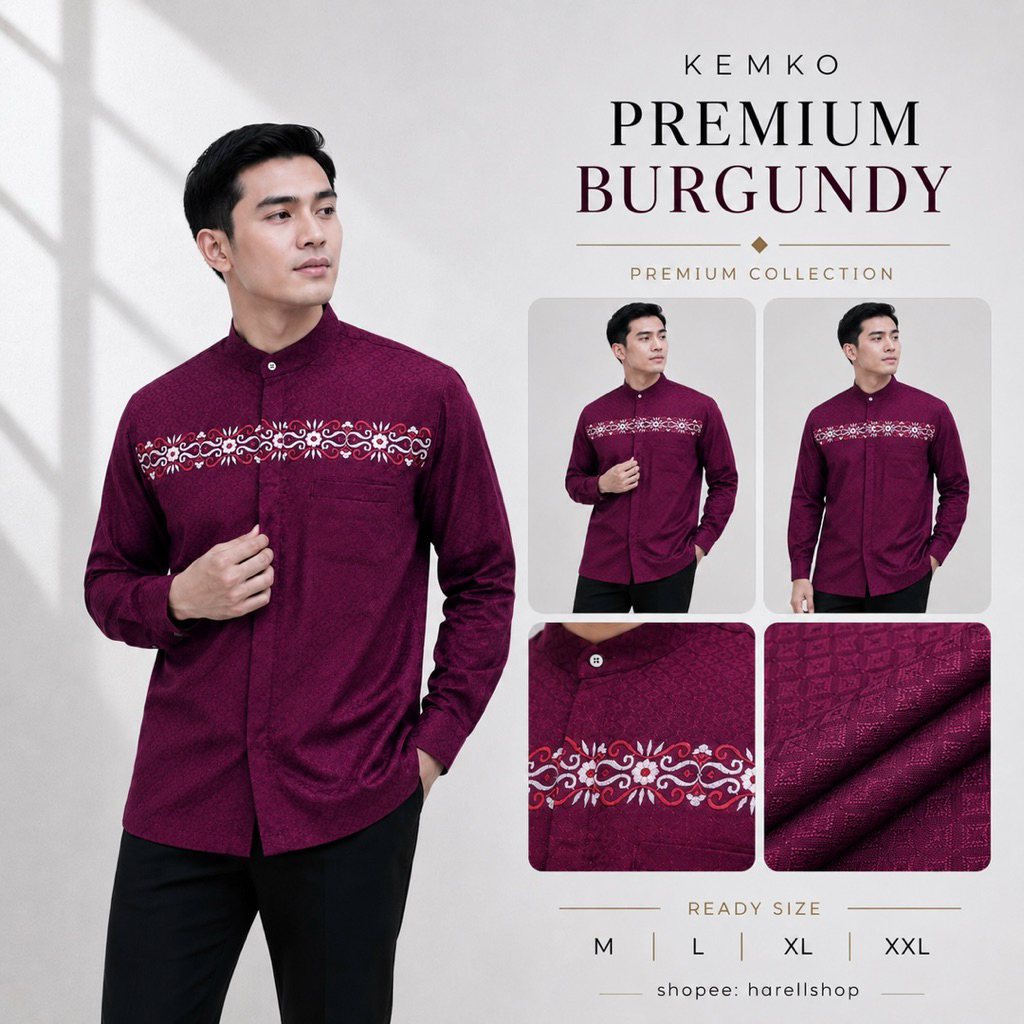 Kemeja Koko Harley Premium Original Pria Lengan Panjang Bordir Elegan Katun Premium Burgundy