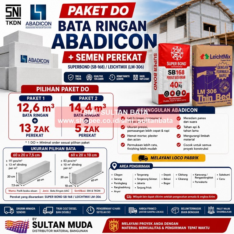 PAKET BATA RINGAN AAC / HEBEL ABADICON + MORTAR PEREKAT SUPER BOND SB-168 / LEICHTMIX LM-306 MINIMAL