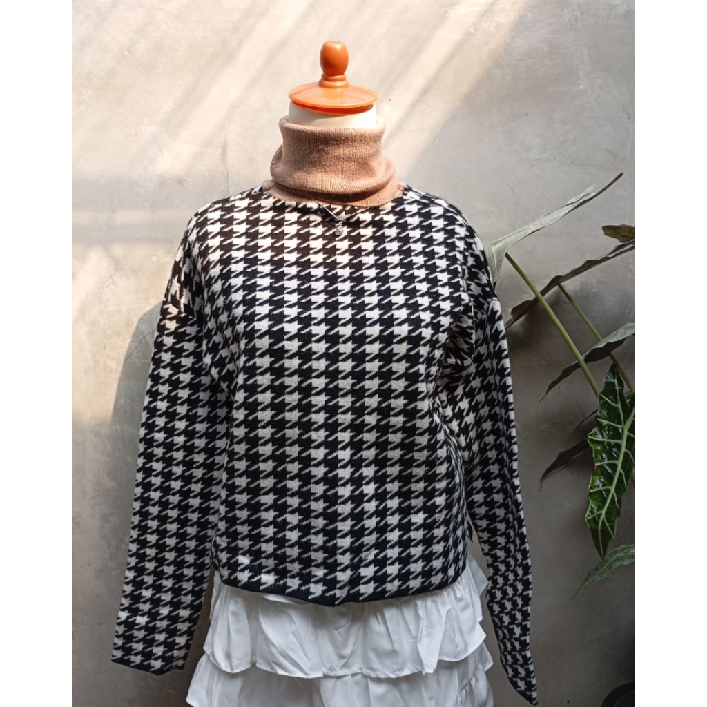 Sweater cardigan Houndstooth turtleneck