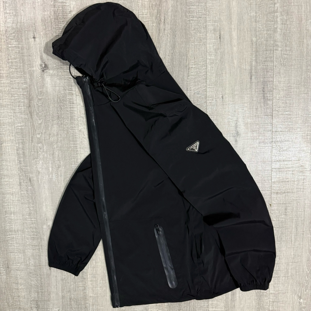 Prada nylon zip hooded jacket black