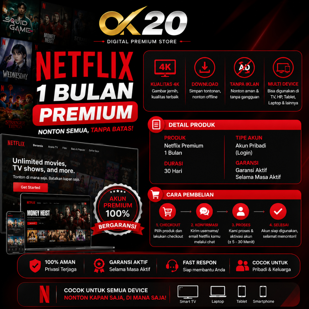 NETFLIX PREMIUM SHARING PRIVAT 4K 1BULAN SOFTWARE