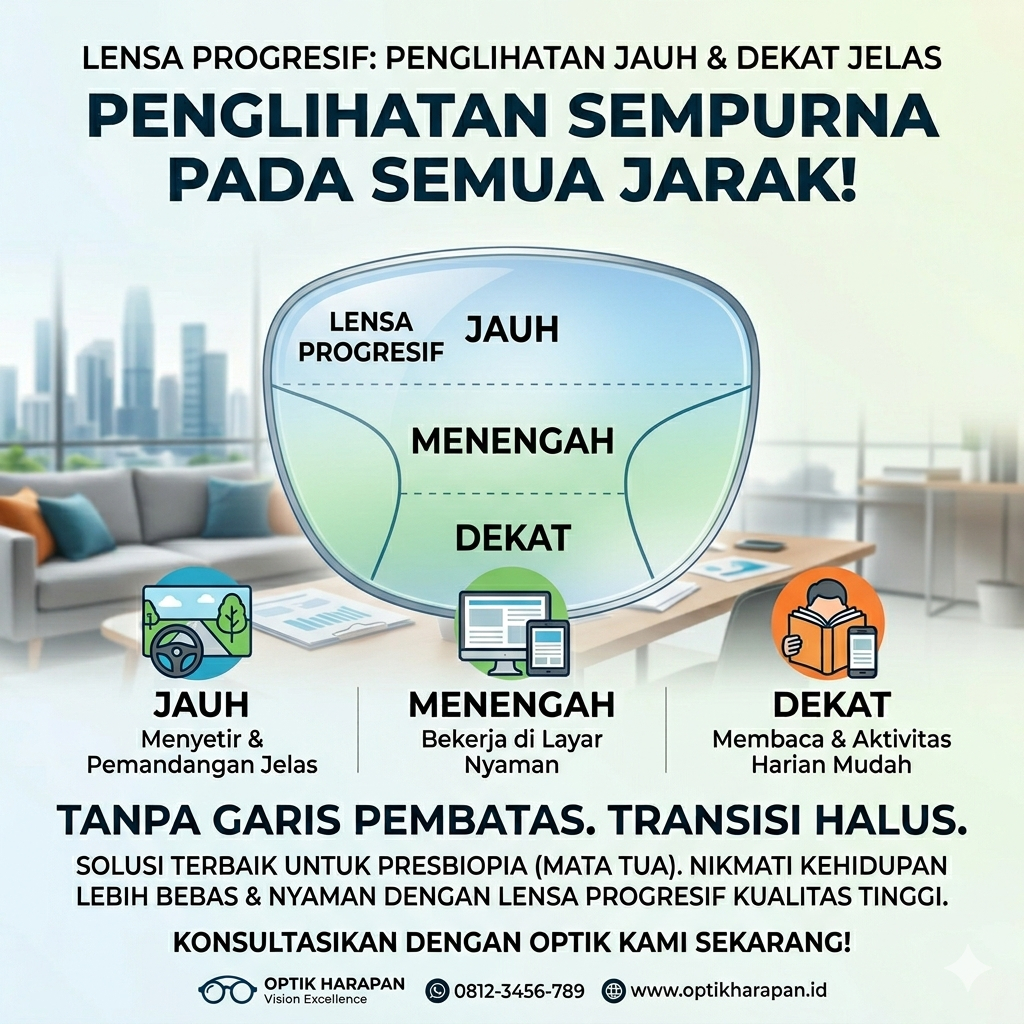 lensa kacamata progresif jauh dekat silinder crmc/photocromic/blueray gosok