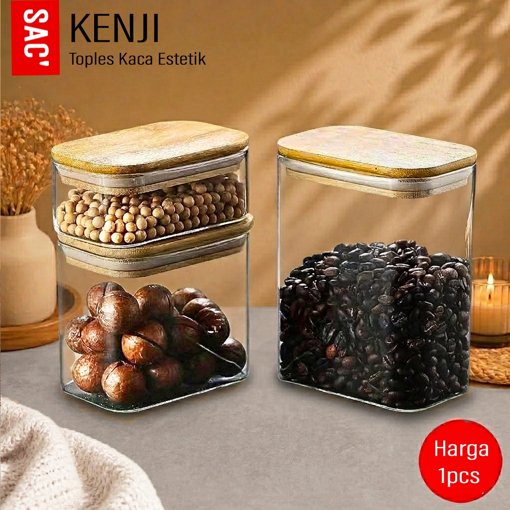 KENJI Toples Kaca Estetik Premium Kopi Teh Snack Bumbu Kacang Tutup Kayu Kedap Udara Serbaguna
