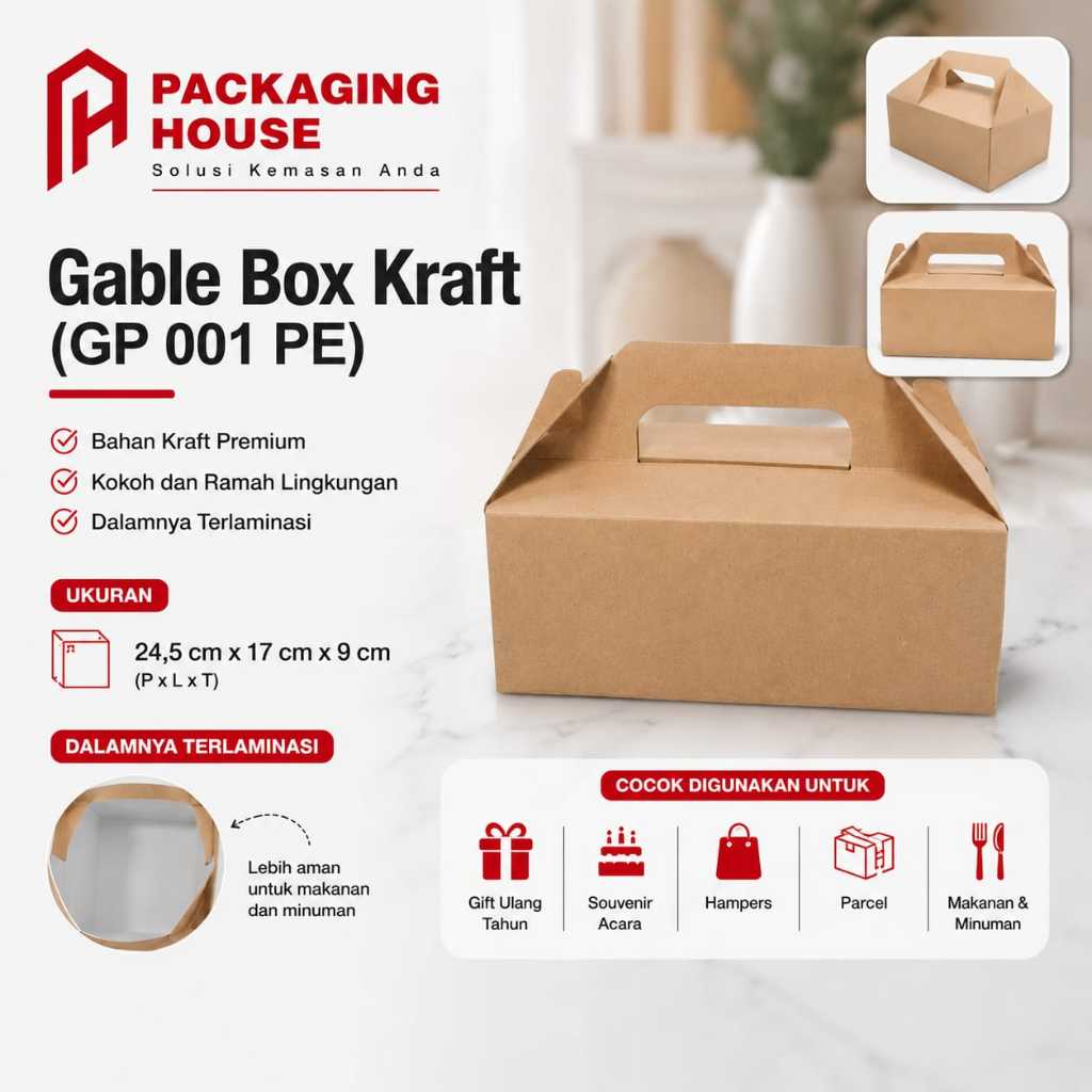 Box Kraft Gable Box Handle Makanan Snack Kue Brown Paper Packaging Premium GP 001 PE