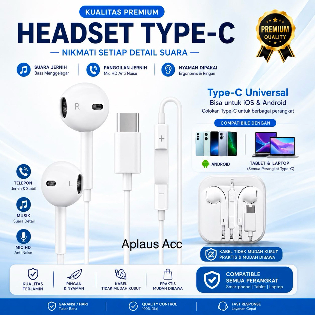 ( GROSIRAN) Headset Kabel Type C Stereo HiFi Super Bass Earphone Gaming Mic untuk IOS dan Android Universal Handsfree