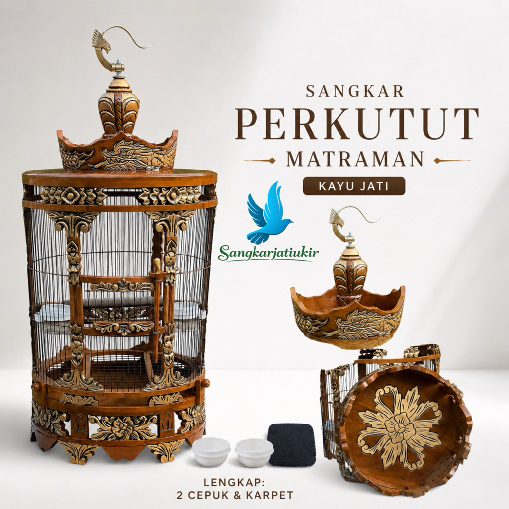 Sangkar Burung Perkutut Matraman Kayu Jati Ukir Naga Premium Lengkap 2 Cepuk Karpet