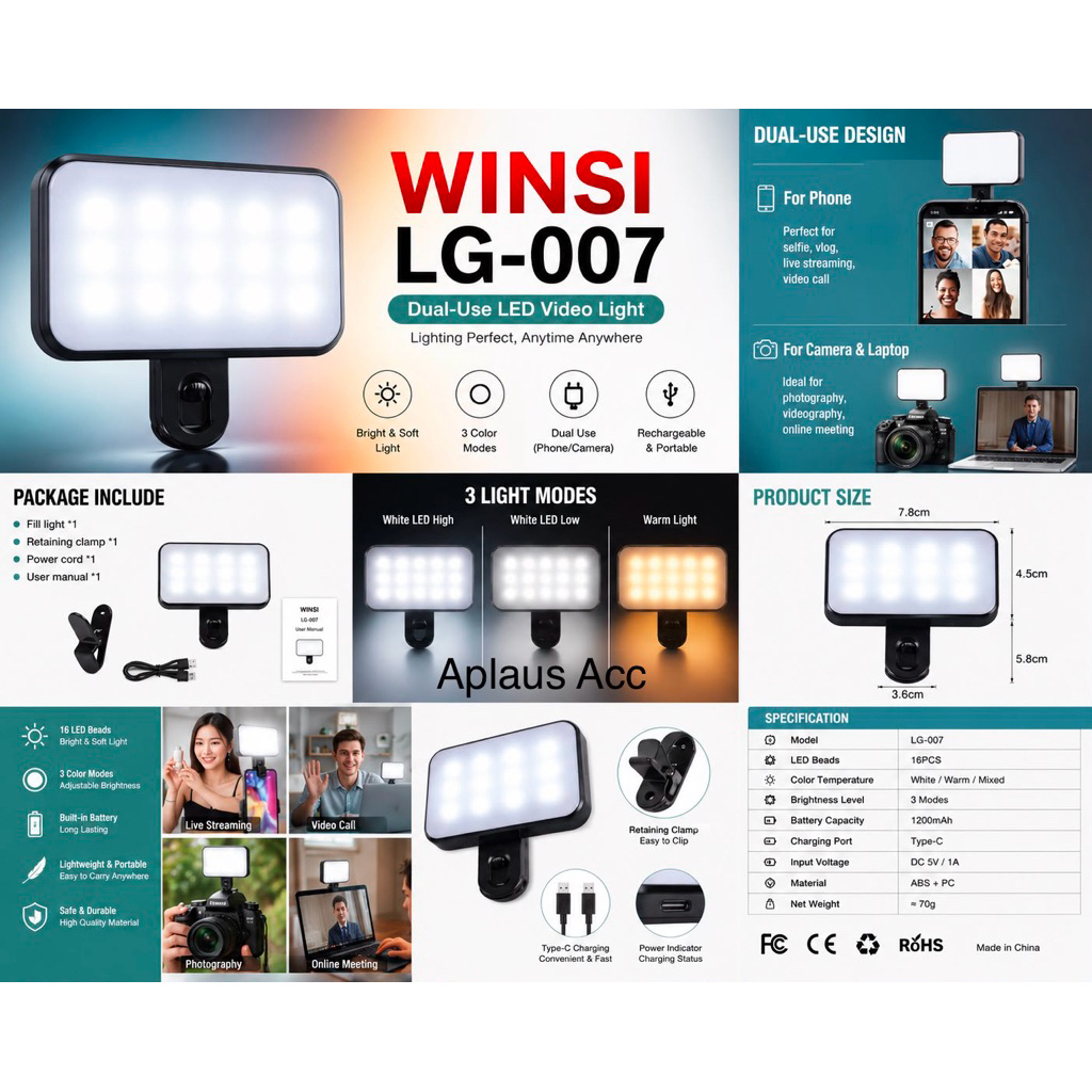 WINSI LG-007 Lampu Selfie LED Rechargeable Clip On 3 Mode Cahaya Fill Light HP Kamera Laptop Live Streaming Vlog Video Call