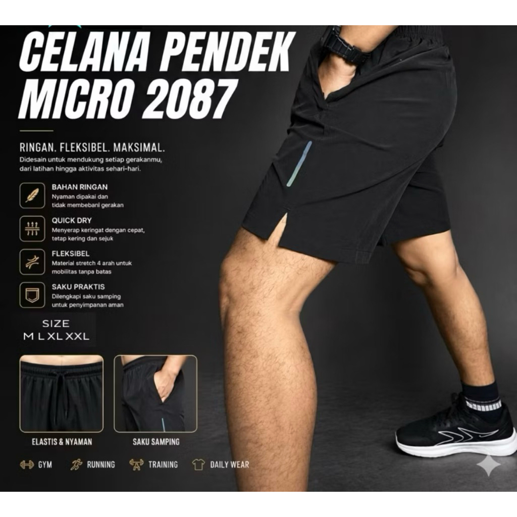 CELANA PENDEK PARASUT MICRO SHORT OLAHRAGA RUNNING GYM FITNESS CELANA TENISS PRIA WANITA UNISEX