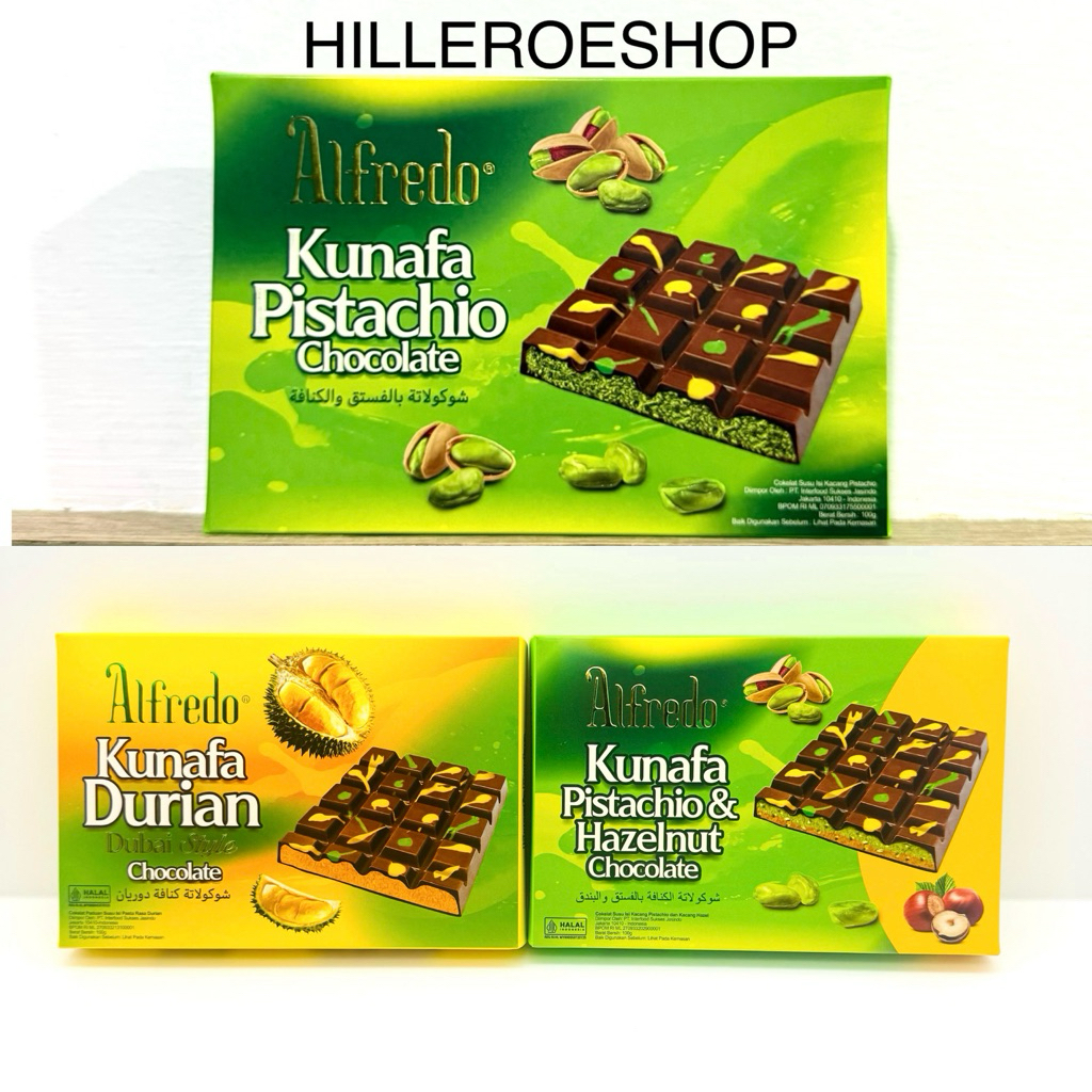 COKLAT ALFREDO KUNAFA PISTACHIO / DURIAN / HAZELNUT CHOCOLATE 100GR COKELAT DUBAI 100GRAM KACANG PIS