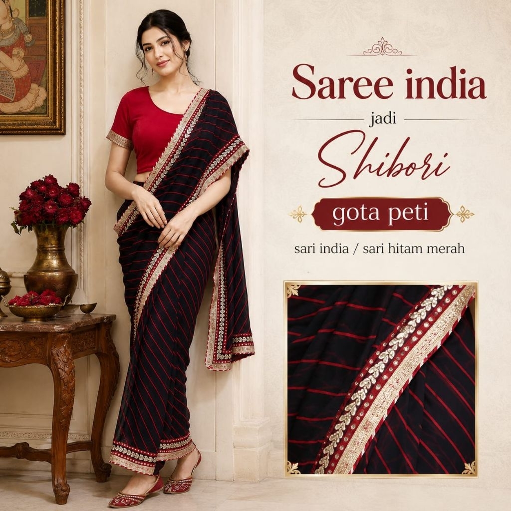 Saree india jadi Shibori gota peti/ sari india / sari hitam merah