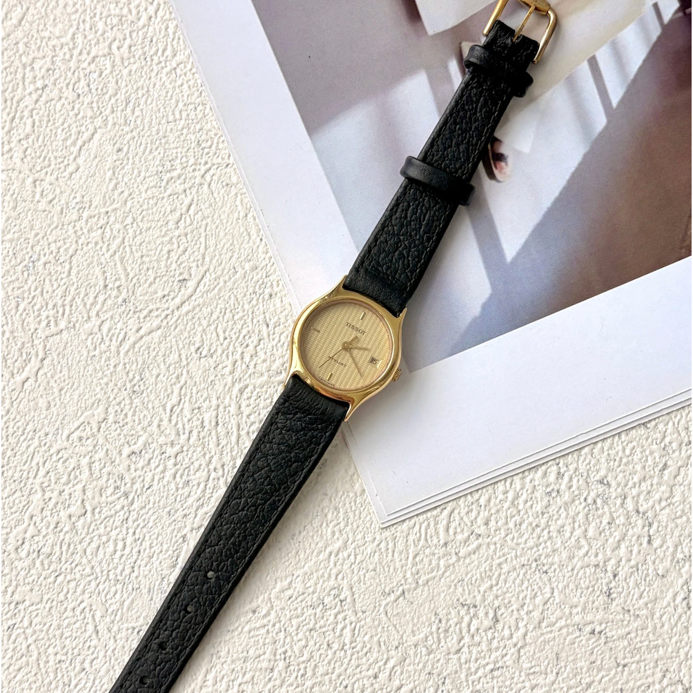 Jam Tangan Wanita Vintage Watch Tissot Stylist Gold Round Date Dial Black Strap Original Autentik Pr