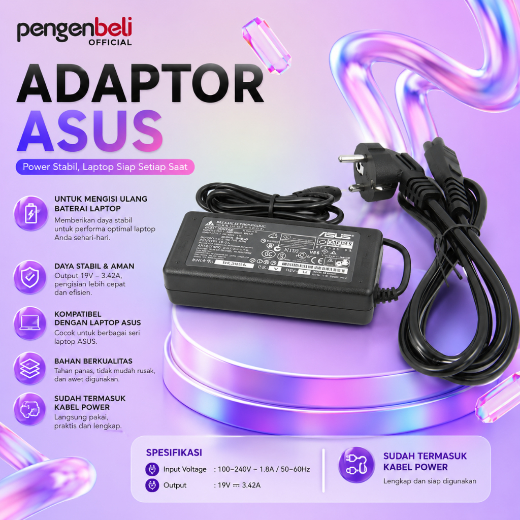 ADAPTOR LAPTOP ASUS MURAH CHARGER NOTEBOOK 19V - 3.42A CAS BONUS KABEL POWER