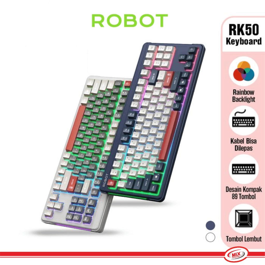 ROBOT RK50 Keyboard Wired Computer dengan Lampu Rainbow Kabel Dilepas Desain Ergonomis 89 Tombol