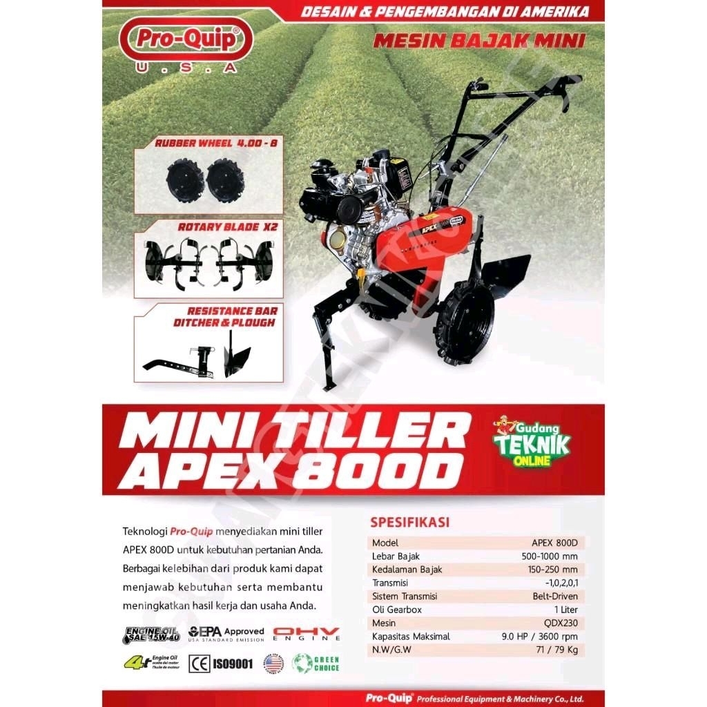 Mesin Traktor Mini PROQUIP APEX800D DIESEL SOLAR VBELT / Mesin Cultivator Bajak Sawah Kebun Ladang B