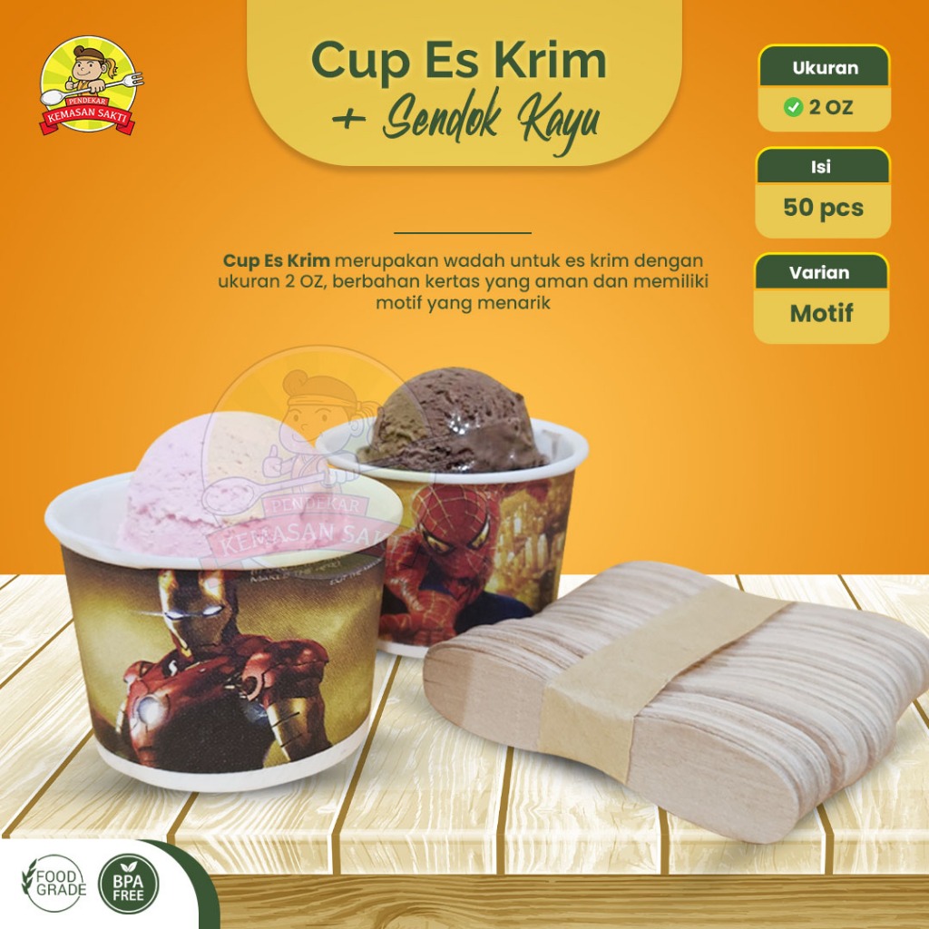Paper Cup Ice Cream 2 Oz Motif + Sendok Kayu / Paper Cup Es Krim 2 Oz + Stik Kayu Motif