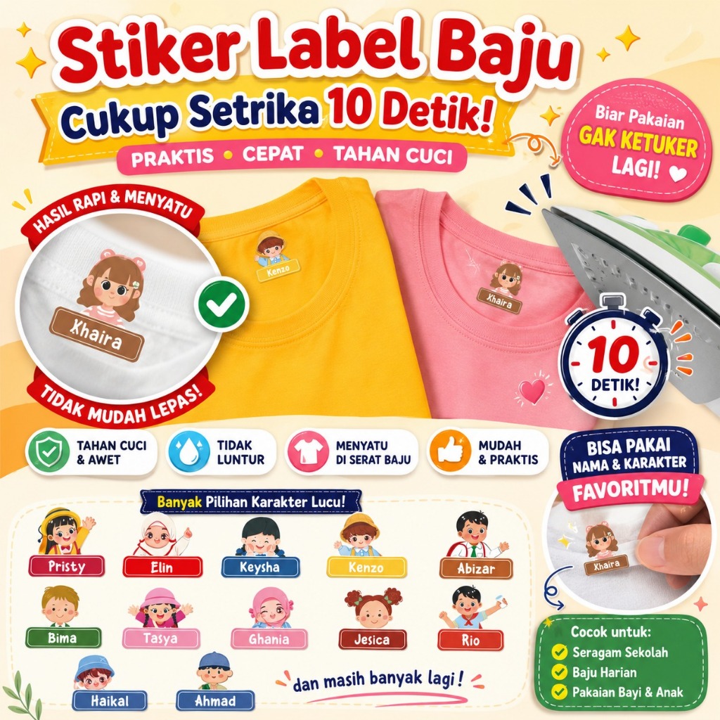 Label Nama Baju Setrika Custom Desain Waterproff (TERMURAH) / LABEL BAJU SETRIKA / SABLON NAMA BAJU