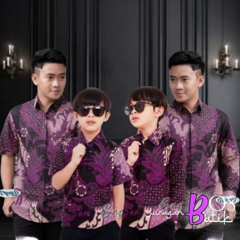 Batik Warna Ungu Batik Couple Ayah Dan Anak Laki-laki Lengan Panjang dan Pendek Bahan Katun Prima