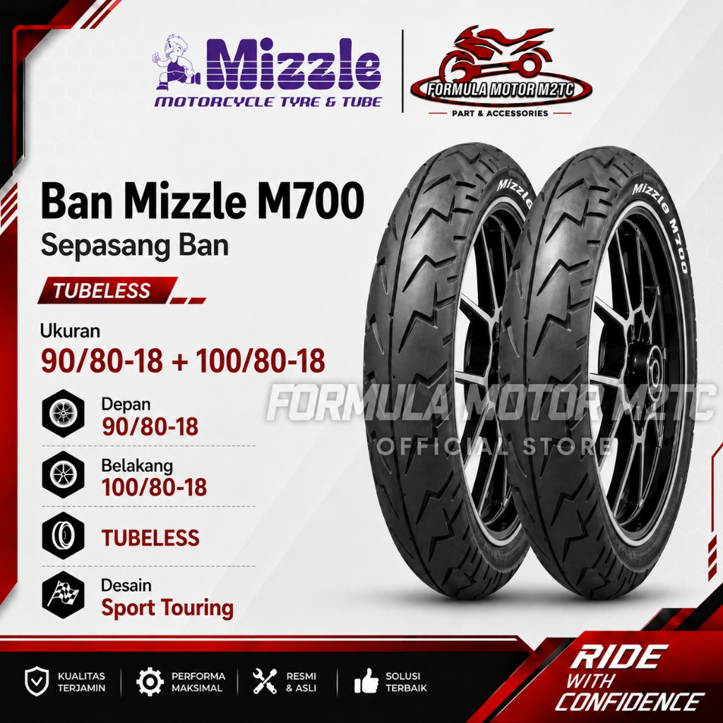 Paket Ban 90/80-18 + 100/80-18 MIZZLE M700 Tubeless Ring 18 Sepasang Ban Tubles Motor