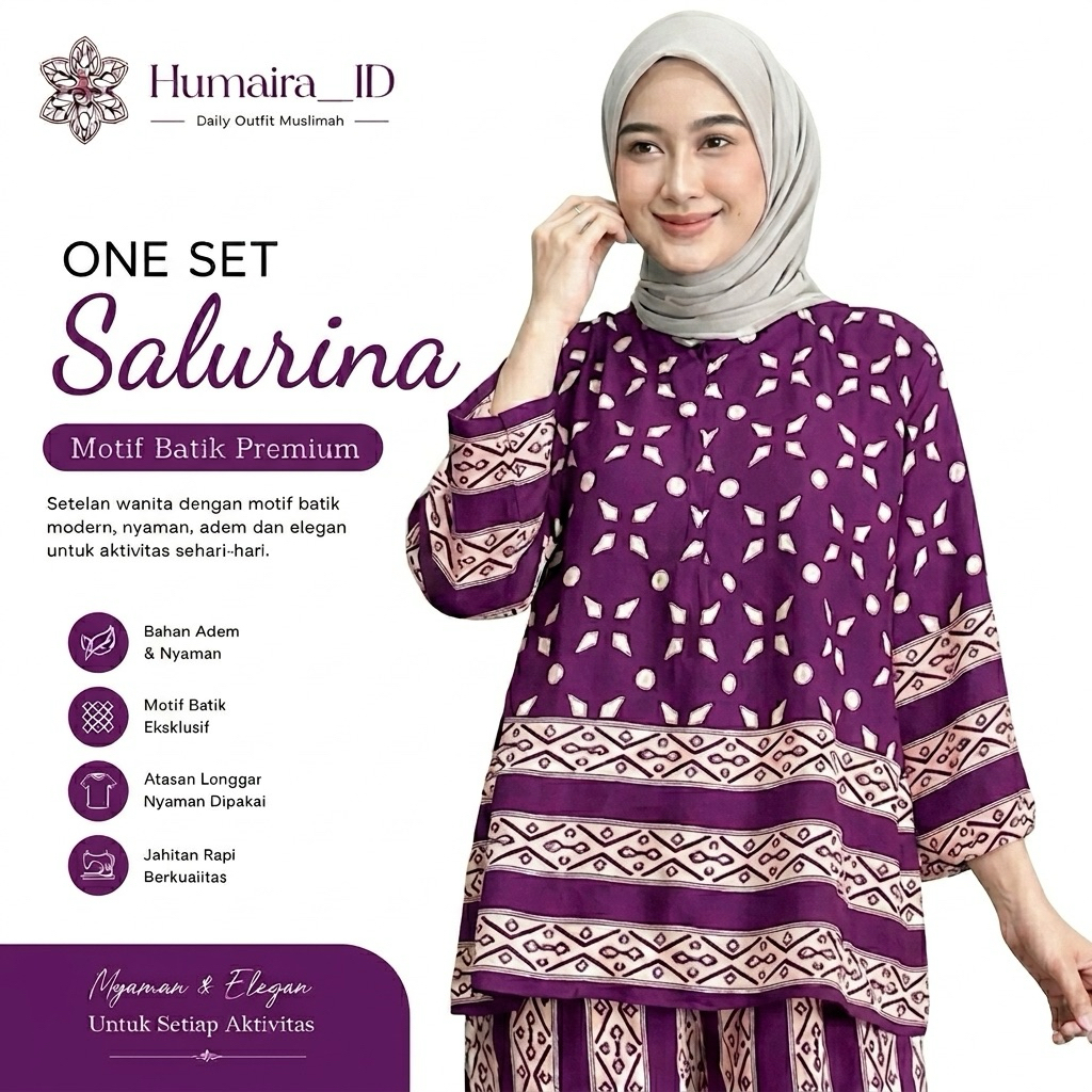 One Set Salurina Wanita Motif Batik Premium | Setelan Piyama Muslimah Lengan Panjang Celana Kulot | 
