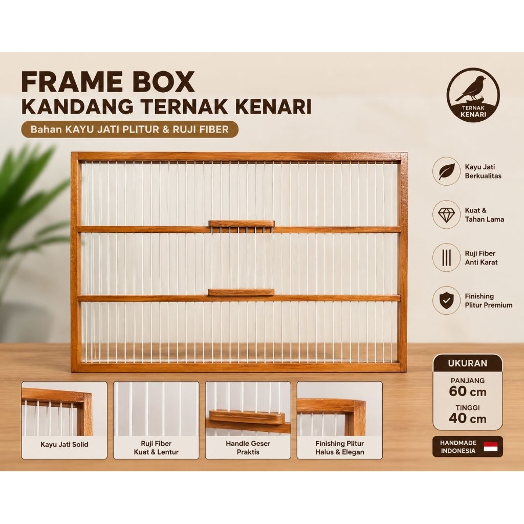 Frame Box Ternak Kenari 60cm × 40cm Kayu Jati Plitur Ruji Fiber