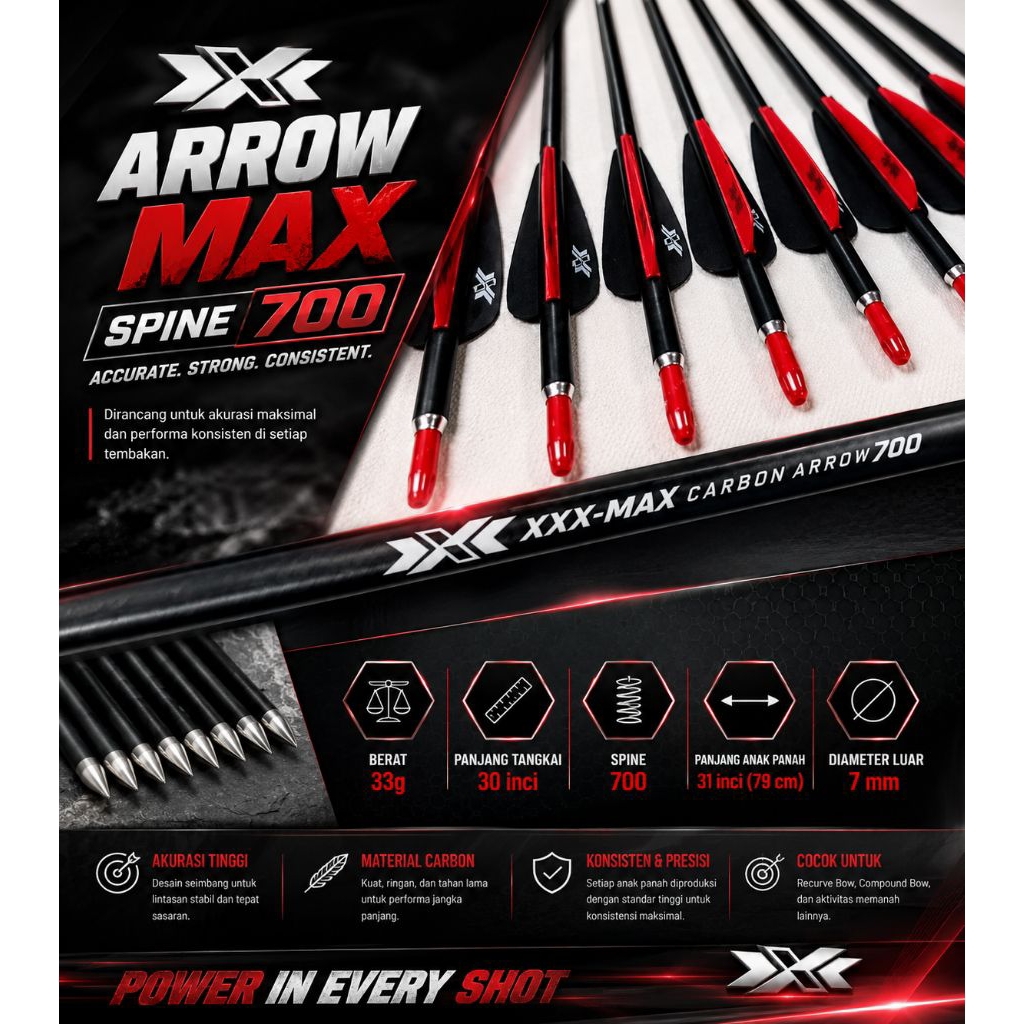 XXX Arrow MAX Spine 700 Carbon Arrow 31 Inch - Arrow Carbon Campuran OD 7mm - Archery Arrow Panahan