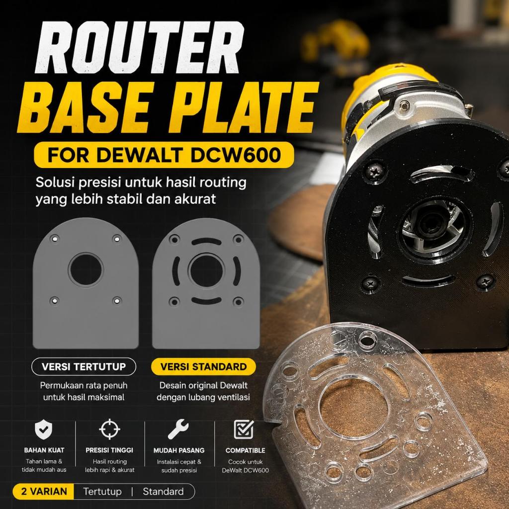 3d print Router Base Plate untuk DeWalt DCW600 Hitam / 2 Varian Standard & Closed Plate | Bahan PETG