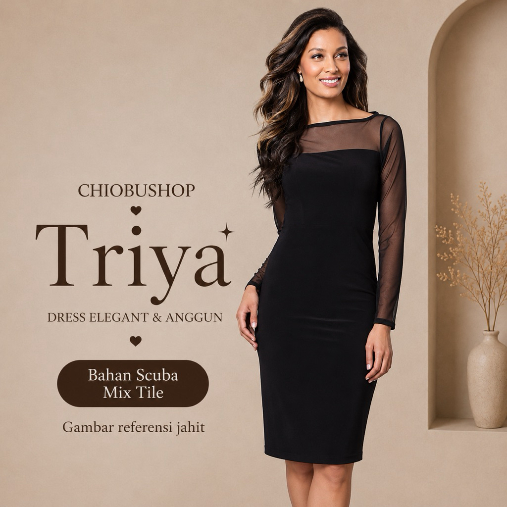 Chiobushop Triya Dress Midi Scuba Mix Tile | Dress Pesta Wanita Bodyfit Lengan Panjang Transparan | 