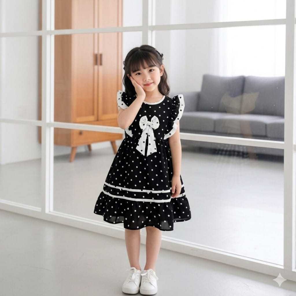 Baju Anak Perempuan Imut Gaya Korea Style Dres Polkadot Import Dres Hitam Putih Anak Perempuan Usia 