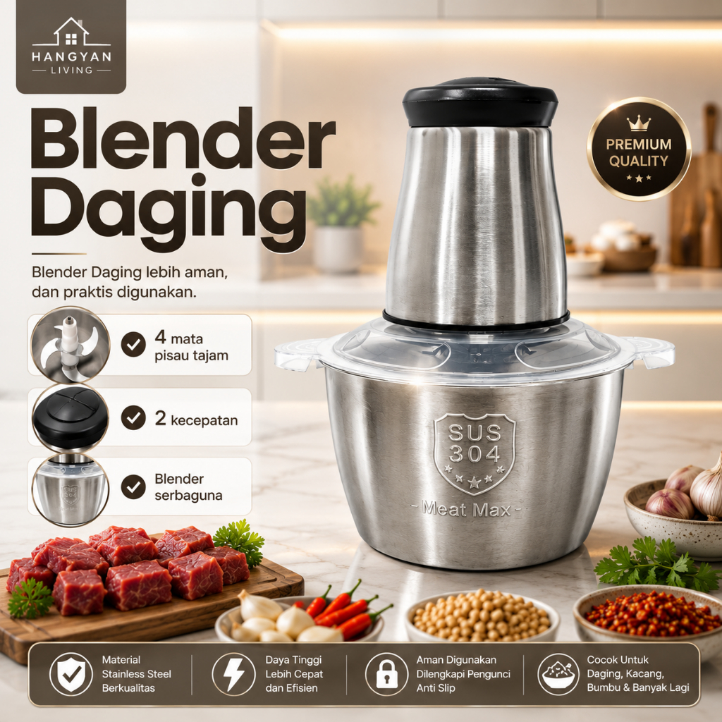 HY Penggiling Daging Meat Grinder 2L Food Chopper Serbaguna Anti Karat Blender Daging Berkualitas