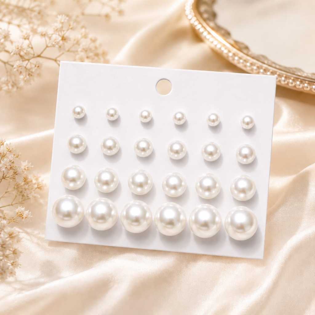 NUNU-Perhiasan Wanita Import Cantik Anting Korea 1set dapat 12 pasang Anting tindik mutiara cantik