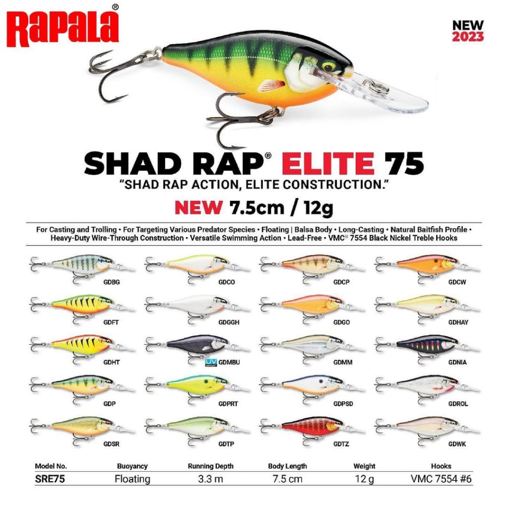Lure Rapala Shad Rap Elite SRE75 - Umpan Casting Minnow 7.5cm 12gr 2.7-3.3m