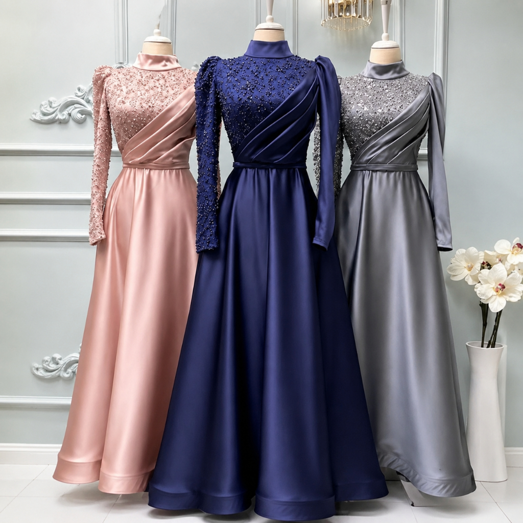 GAUN MEWAH_ BAHAN SATIN MAXMARA_ GAUN  PRE ORDER