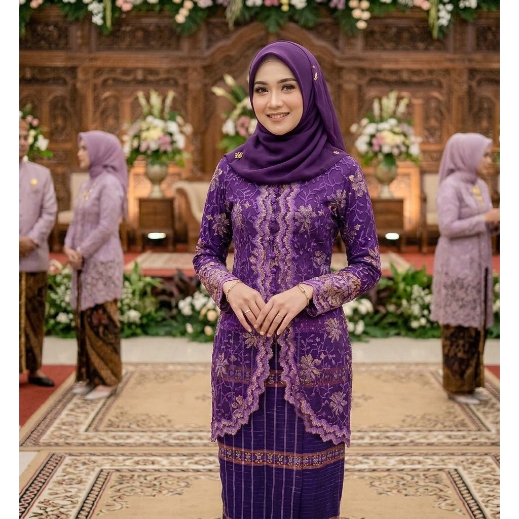kebaya set ungu hijab & songket ungu